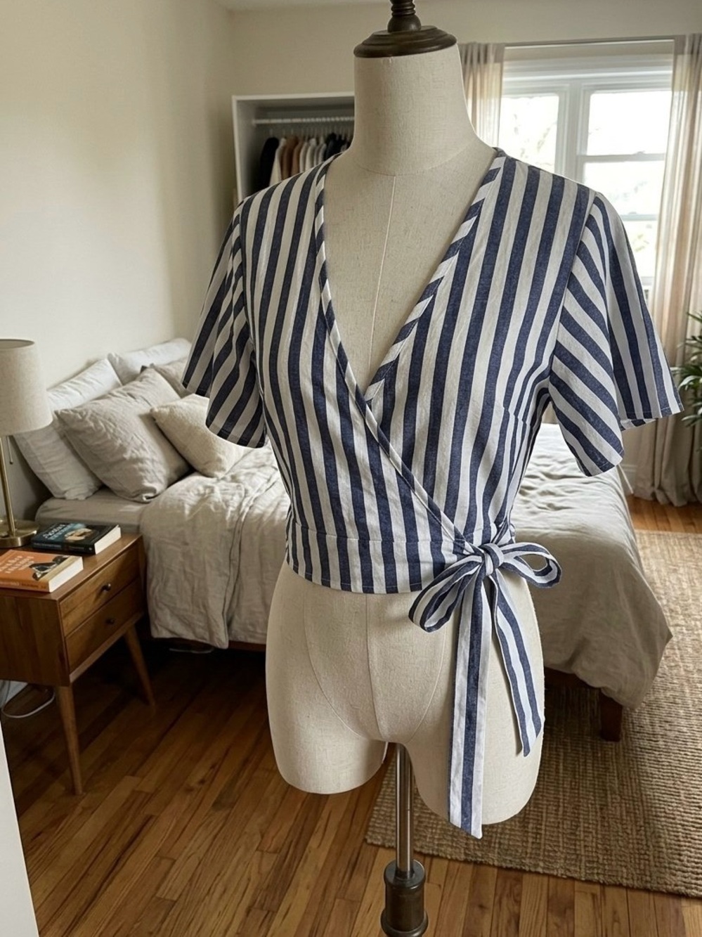 SHEIN Navy and White Striped Wrap Crop Top